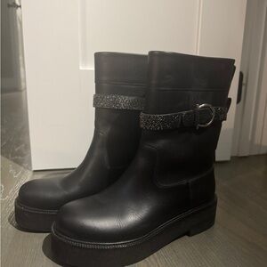 Salvatore Ferragamo Black Leather Moto Boots